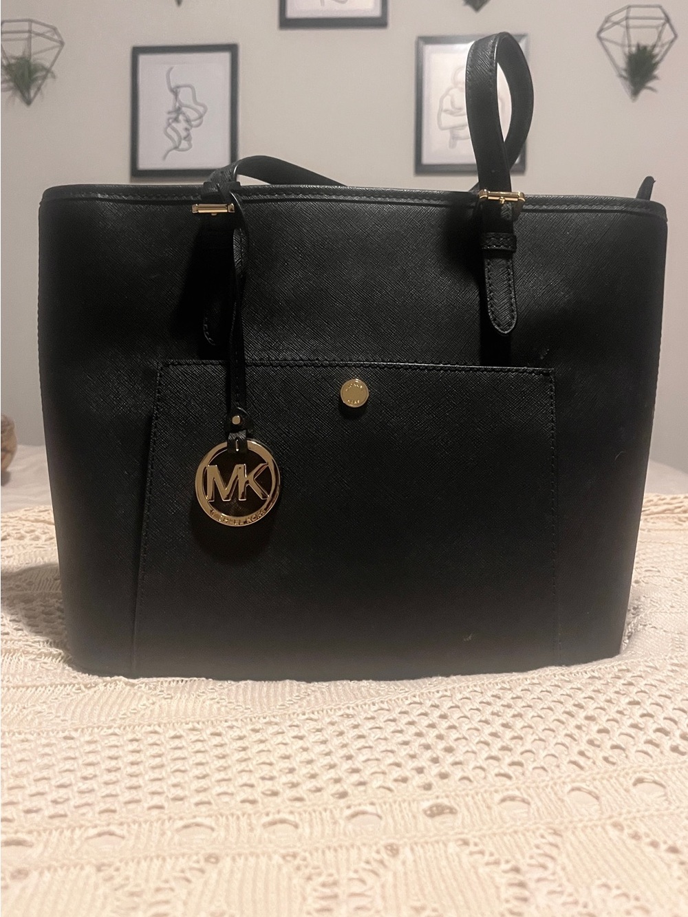 Michael Kors Black Saffiano Tote with Gold MK Charm
